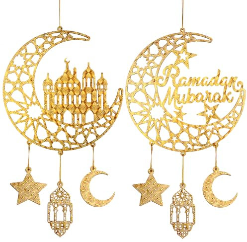 2 Stück Eid Mubarak Türschild Holzschilder zum Aufhängen, Ramadan Kareem Hohlornament Dekorationen Mond und Sterne, Mondform Ramadan Mubarak Party Holz Wandaufhänger für islamische muslimische (Gold)