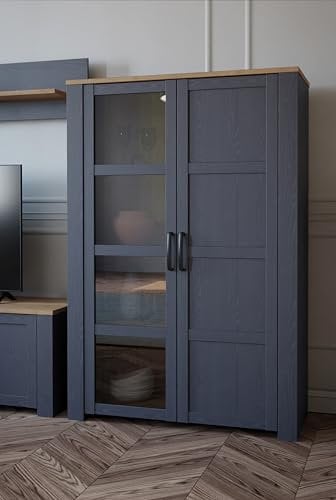 Forte Bohol Vitrine 106, Vitrine mit 2 Türen, moderner Landhausstil, Standvitrine, Vitrinenschrank, Holzwerkstoff, Riviera Eiche/Navy Eiche Holzdekor, 106,4 cm breit x 160,6 cm hoch x 42 cm tief