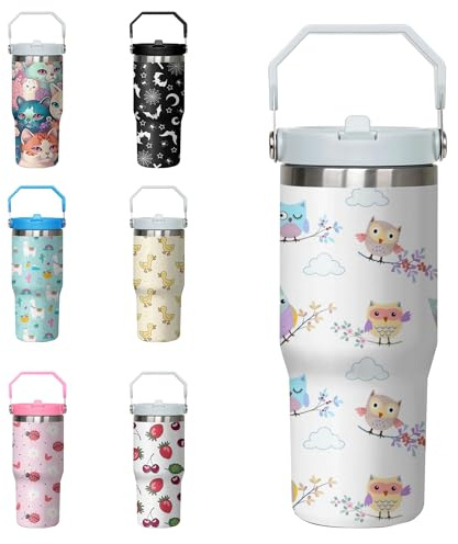 Xchearser Owl Tumbler with Handle and Flip Straw for Women Men, 30oz Cute Stainless Steel Insulated Cup, Water Bottle Travel Coffee Mug, Gifts for Animal Lovers
