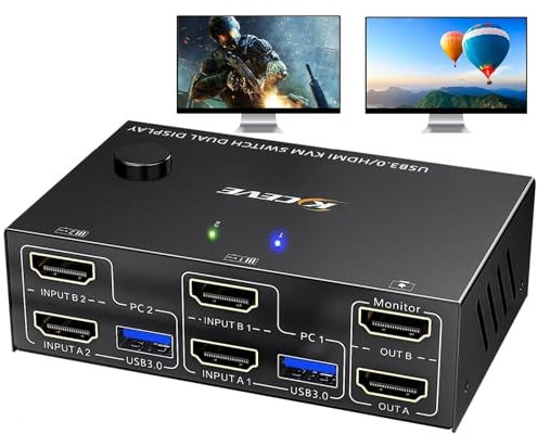 Switch KVM USB 3.0 HDMI 4K@60Hz 2K@144Hz, 2 PC 2 monitor, emulatore EDID, switch KVM doppio monitor per 2 computer che condividono 2 monitor e 4 porte USB 3.0, telecomando cablato Cavo incluso