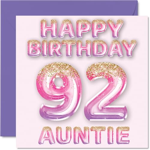 92nd Birthday Card for Auntie, Pink & Purple Glitter Balloons | Happy Birthday Cards for 92 Year Old Aunt Aunty from Nephew Niece, 145mm Bday Greeting Cards Gift