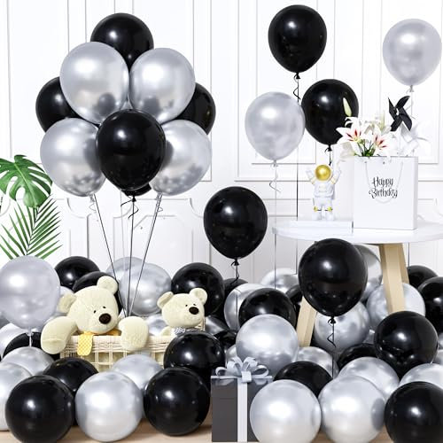 Unisun Luftballons Schwarz und Silber, 60Stück 12Zoll Ballons Matt Schwarz Silber Latex Luftballon Junge Männer Frauen Babyparty Geburtstag Hochzeit Jubiläum Abschlussfeier Verlobung Bachelor Deko