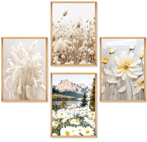 Poster Set Modern Wandbilder Set - OHNE Rahmen - 4 Poster - Bild für Schlafzimmer Wohnzimmer Wand Home Deko Wanddeko - Abstrakte, Kunst, Line, Beige (4xA4)