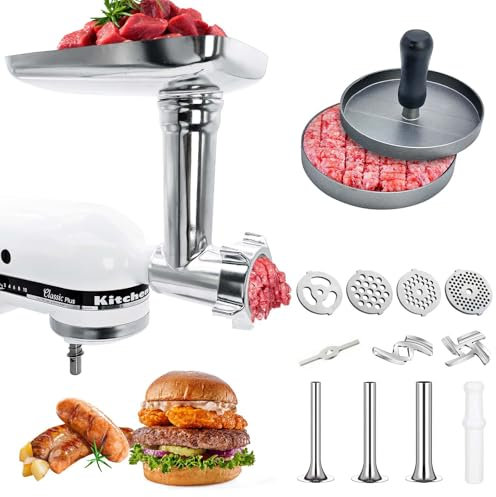 Accesorio Picador de Carne Compatible con la Batidora de Pie Kitchen Aid Acero Inoxidable, Incluye Placas Picadoras, Cuchillas Picadoras, Tubos para Salchichas, Prensas para Hamburguesas