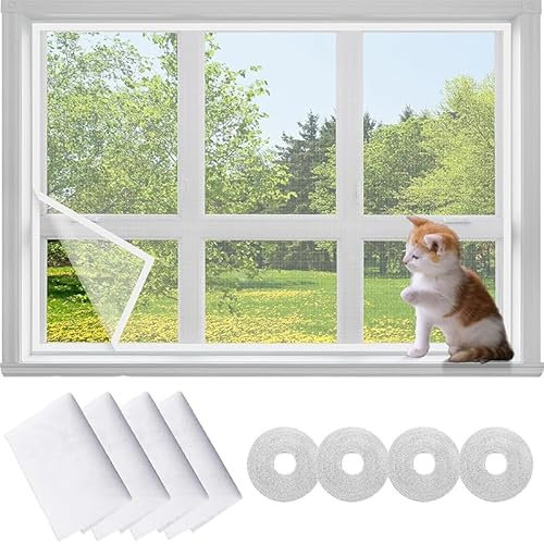 Mosquito Net for Windows,4 Packs DIY Self-Adhesive Window Screen Mesh (1.3 * 1.5 m) with 4 Rolls White Tapes,Universal Transparent Mosquito Insect Screen Can Be Cut and Fit Without Drilling
