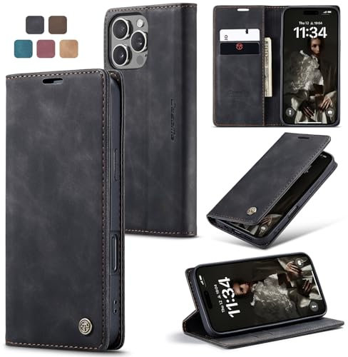 owlhold Handyhülle für iPhone 16 Pro Hülle Premium Lederhülle Weiches Vintage-Nubukleder Faltbare Ständer Schutzhülle Kartenfach Standfunktion stoßfest klapphülle iPhone 16 Pro -Schwarz