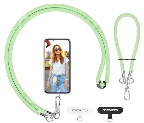 MoKo Adjustable Cell Phone Lanyard, Premium 8mm Thick Rope Mobile Phone Strap for iPhone, Samsung and More | Neck Strap×1, Wrist Strap×1, Lanyard Patch×2, Licht Green