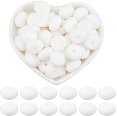 SUNNYCLUE 1 Box 100Pcs Silicone Abacus Beads Bulk White Rubber Bead 14mm Soft Lentil Shaped Saucer Loose Spacer Lanyard Rondelle Focal Pen Bead for Bracelet Jewellery Making DIY Keychain Findings