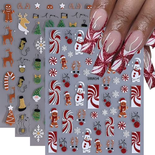 Nagelsticker Weihnachten, Weihnachten Nagelsticker Selbstklebend 3D Rentier Christmas Nail Art Stickers Winter Nagelaufkleber NagelDesign DIY Maniküre Dekoration(4Blatt)