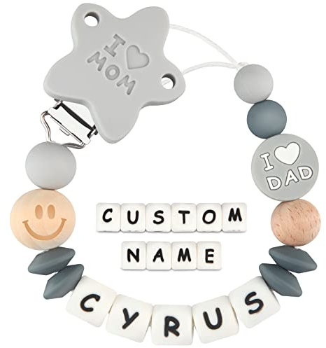 Kowlone Clip Ciuccio con Nome Personalizzata Catenella Portaciuccio Mamma Papà Porta ciuccio per Bambini(Grigio)