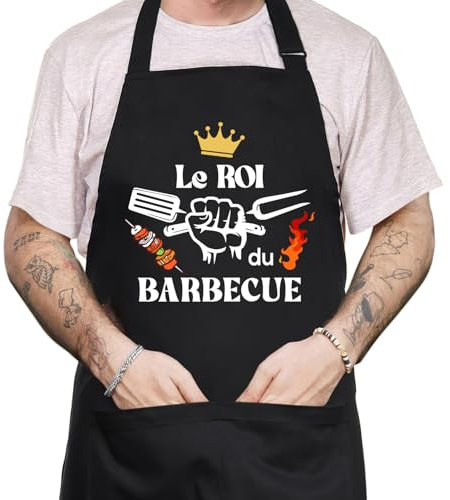 FUKPO Tablier Cuisine Homme Personnalisé, Réglable Tablier Professionnel Humour Rigolo Drole Barbecue Bbq Noir, Tablier de Cuisine Coton Cadeau Fete Des Peres Saint Papa Valentin Noel