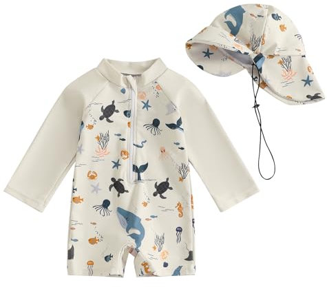 Toddler Baby Boys Swimsuit One Piece Long Sleeve Rash Guard Zipper Bathing Suit Swimwear with Hat Beachwear (Marine Animal Beige, 6-12 Months)