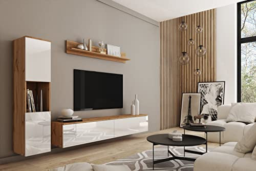 Moderne Wohnwand für Wohnzimmer, 3-teiliges PARMA-Möbel-Set in Wotan-Eiche/Weiß glänzend