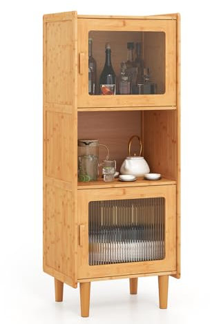 KOMFOTTEU Buffet en Bambou avec 1 Cube & 2 Armorie à Porte en Acrylique, Meuble Cuisine avec Dispositif Anti-basculement, Colonne de Cuisine, 49,5 x 40 x 130 cm, pour Salle à Manger, Bureau, Salon