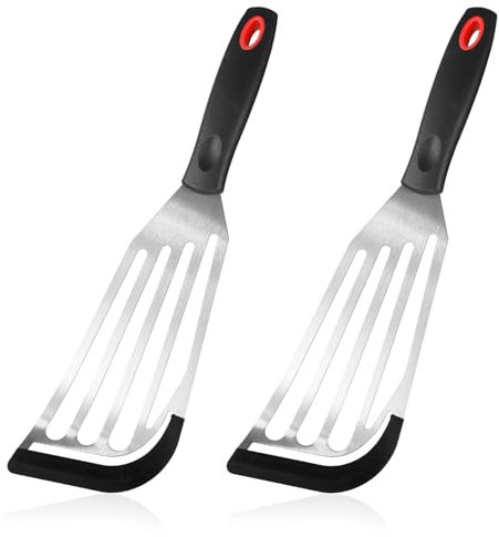 2pcs Fish Turner Spatulas, Silicone-Tip Slotted Nonstick Heat Resistant Metal Stainless Steel Fish Flipper Spatula for Kitchen Egg Pancake Omelette Cooking