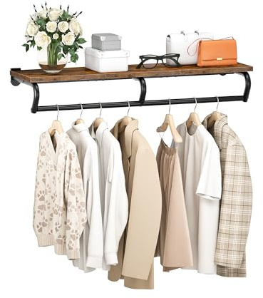 CHOEZON Wandgarderoben mit Ablage, Kleiderständer, 110 cm Kleiderstange zur Wandmontage, Garderobenstange für Schlafzimmer Badezimmer Indoor, Vintagebraun und Schwarz DTYM02BF