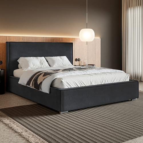 MOTIVENA Arizona Bett 120x200 Grau Samt, mit Stauraum, mit Kopfteil, mit Lattenrost, mit Füßen, ohne Matratze, Polsterbett 120x200 mit Bettkasten Grau (Anthrazit)