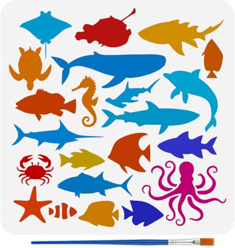 FINGERINSPIRE Malvorlage Mit Silhouetten von Meerestieren Und Pinsel 30x30cm Hai Vorlage Malschablone Mit Meerestier Motiv Delfin Malschablonen Wiederverwendbare Schablone Zum Selbermachen Handwerk