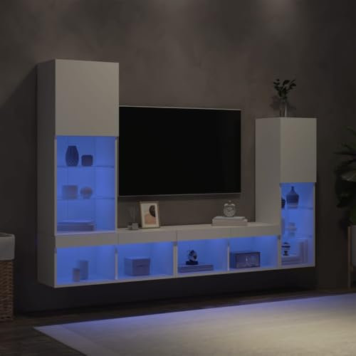 Hoodmeel Mobili Porta TV,Mobiletto per TV,Mobile per TV Soggiorno,Parete Attrezzata Soggiorno,Mobili TV a Muro con LED 4pz Bianchi in Legno Multistrato