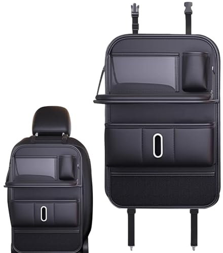 Dtaigou Organisateur De Siège Auto Arrière | Protecteur de Siège Auto avec Compartiments | Porte-Tablette Cuir, Plateau Repas Pliable, Range-Tissues et Tapis Anti-Salissures pour Voyage