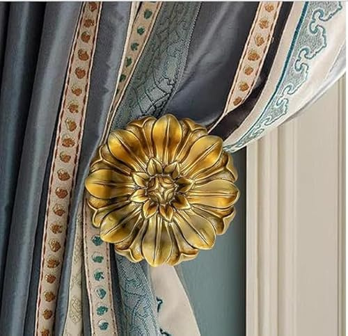 Vintage-Curtain-Holdbacks丨Set of 2 Curtain Tiebacks Wall Mounted with Screws丨Classic Decorative Curtain Holders for Drapes Window Treatment Holdbacks (Gold A-fbm, 3″ Diameter)