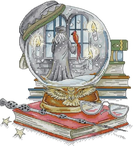 Awesocrafts Kreuzstich-Set, magische Schneekugel, Zauberer und Vogel, einfache Muster, Kreuzstich, Stickerei, Handarbeitsset, Zubehör, 14 Fäden, 2 Stränge