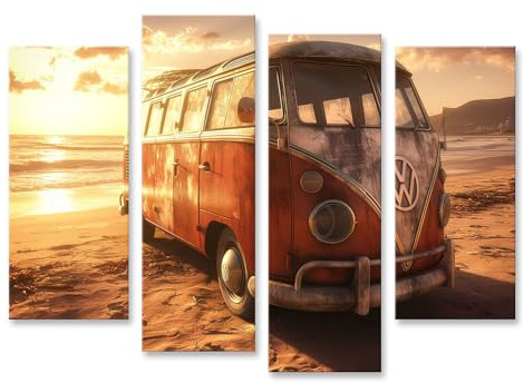 islandburner Bild auf Leinwand Alter Bus am Sandstrand bei Sonnenuntergang Bilder Wandbilder Poster