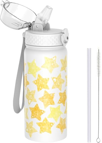 GOPPUS 550ml/18oz Kids Insulated Water Bottle with Straw Cute Double Wall Stainless Steel Child's Small Flask Vacuum Insulated Steel Metal Leak Proof Drink Flask Boys Toddler Girls Bottles BPA-Free