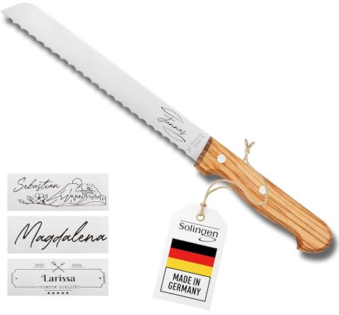 LOOXIS Personalisiertes Brotmesser mit Namen Graviert - H. Herder, Solingen, 20 cm Klinge, Made in Germany, handgeschliffen, Olivenholzgriff, Geschenk für Männer zu Weihnachten, Geburtstag, Vatertag