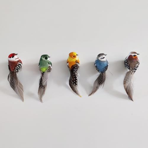 KARLOR Künstliche Vögel Set, 5 Stück Vögel Figuren mit Federn, Vogelornamente Schaumstoff Vogel Figur Dekoration Realistisch Vögelmodell Gartendeko Pflanzdeko Raum Wand Balkon Weihnachtskranz Deko