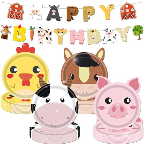 JeVenis 41 platos de papel desechables para fiestas de animales de granja, suministros de pancarta de cumpleaños para cumpleaños, granja, diversión, granero, animales, recuerdos de fiesta