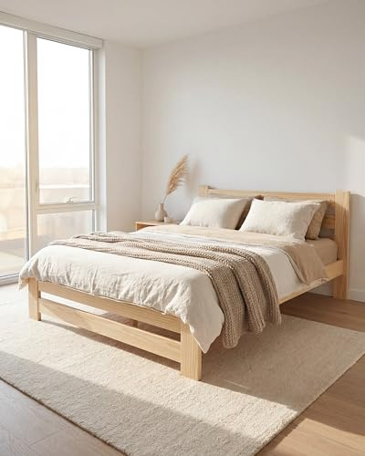 EcoBeds EKO Holzbett 140x200 cm Kiefer Massivholz bis 200 kg | Natur Lackiert - Doppelbett, Bettgestell mit Lattenrost und Stauraum, für Erwachsene, robust, einfache Montage