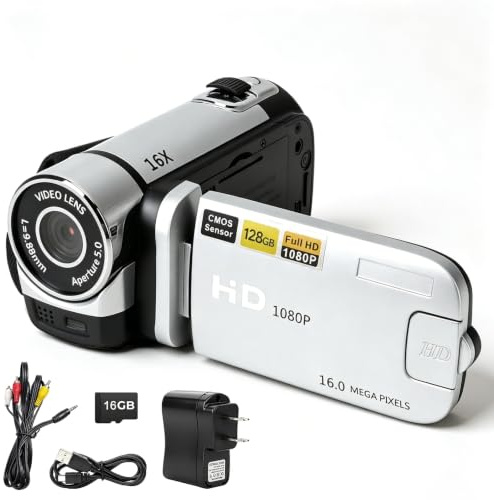 Camcorder Video Camera with 16GB SD Card, 1080P 16MP Digital Camera Recorder with 2.7 270° Rotating Screen, 16X Digital Zoom, LED Fill Light, Rechargeable Vlogging Camera for Beginners Kids Travel