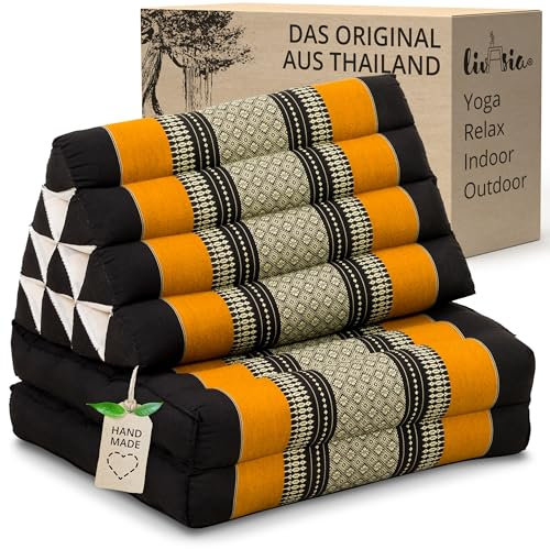 livasia Thaikissen mit 2 Auflagen - 120x50x8cm - Dreieckskissen mit Sitzkissen, Keilkissen mit Kapok, Rückenkissen faltbar, Thaimatte zum Klappen, handgefertigt, Meditationskissen (Schwarz/Orange)