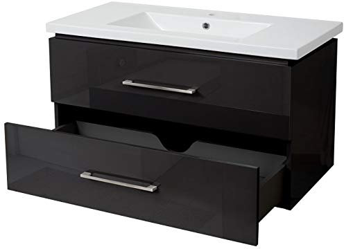 Mendler Premium Waschbecken + Unterschrank HWC-D16, Waschbecken Waschtisch, Hochglanz 90cm - schwarz
