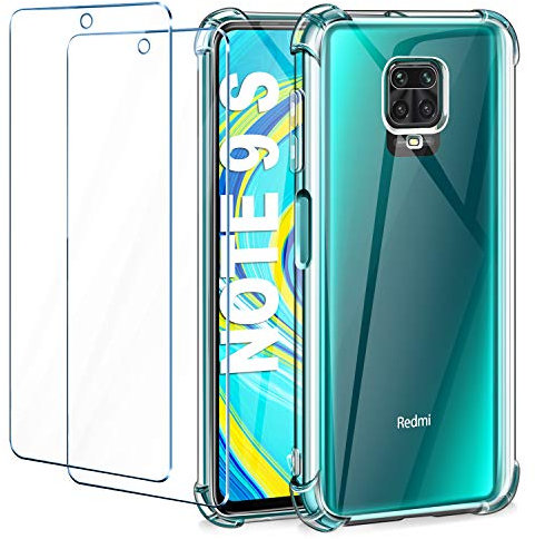 Leathlux Funda Compatible con Xiaomi Redmi Note 9S, 2 Pack Cristal Templado Protector de Pantalla, Ultra Fina Silicona Transparente TPU Funda y Protector Compatible con Xiaomi Redmi Note 9 Pro - 6.67 pulgadas
