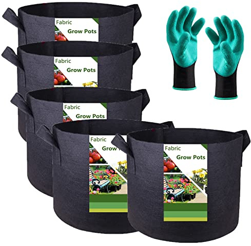 5-Pack 7 Gallon Thickened Plant Grow Bags (14x12 inch) Fabric Plant Pots Garden Bags for Tomato,Potato Planter Bag,Herbs Veggies Planters,Flower Pot,Garden Pot,Barrel Planter,Plant Container W/Gloves