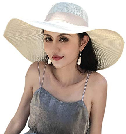 WSLCN Femme Chapeau de Soleil en Paille à Bord Large Capeline Pliable Plage Eté Anti-UV Décoration de Ruban Blanc