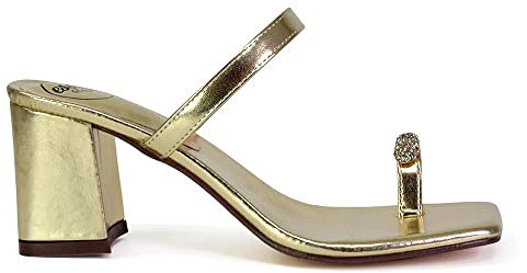 ESSEX GLAM Womens Low Block Heel Sandals Ladies Square Toe Diamante Slip On Sandals Size 3-8