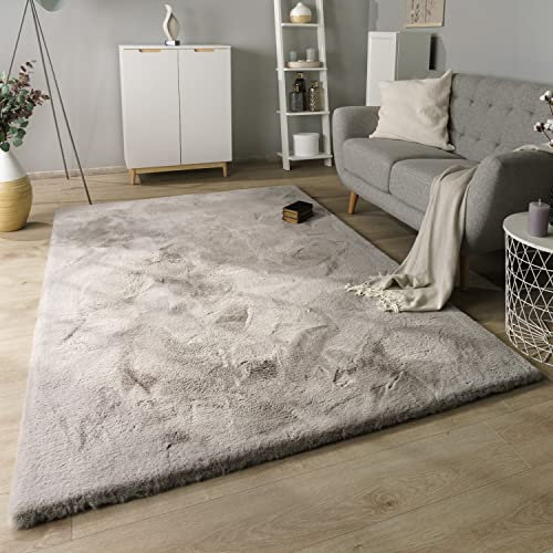 Paco Home Hochflor Teppich Wohnzimmer Schlafzimmer Modern Flauschiger Fellteppich Fell Imitat Kunstfell Langflor, Grösse:80x150 cm, Farbe:Grau