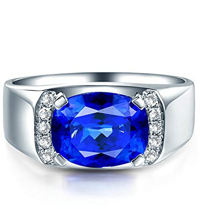 Lieson Ehering Weißgold Herren 750 18K, Freundschaftsringe Herren Poliert Oval Tansanit 3.49ct mit Diamant 0.1ct Verlobung Ring Weißgold Gr.63 (20.1)