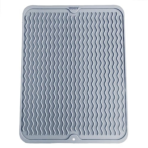 SOQKEEN Alfombrilla Escurreplatos de Silicona 40 × 30 cm Escurreplatos Silicona Alfombrilla Escurreplatos Plegable Resistencia a Altas Temperaturas Alfombrilla para Secar Platos, Gris claro