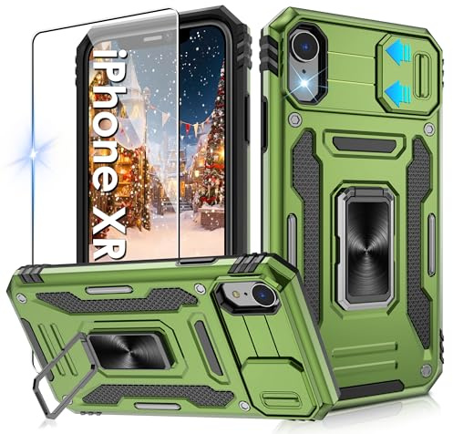 Jshru iPhone XR Case with Screen Protector and Slide Camera Cover [Upgrade], Military Grade Shockproof Phone Case with Ring Kickstand, Anti-Scratch Armour Cover for iPhone XR, Green