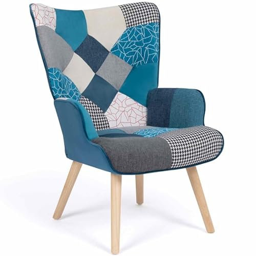 IDMarket - Skandinavischer Ivar Sessel aus Patchwork-Stoff und blauem Samt