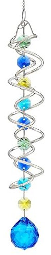 Kristall Regenbogen Sonnenfänger, hängender Sonnenfänger mit Doppelspirale mit meerblauer Kristallkugel und Kette, dekorativer Windspiel Sonnenfänger 45 cm Höhe