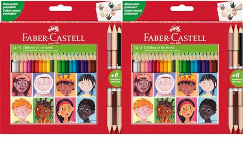 Faber-Castell 511515 - Buntstifte Set dreikant, 27-teilig, inkl. Bicolor Hautfarben, für Kinder und Erwachsene (Packung mit 2)
