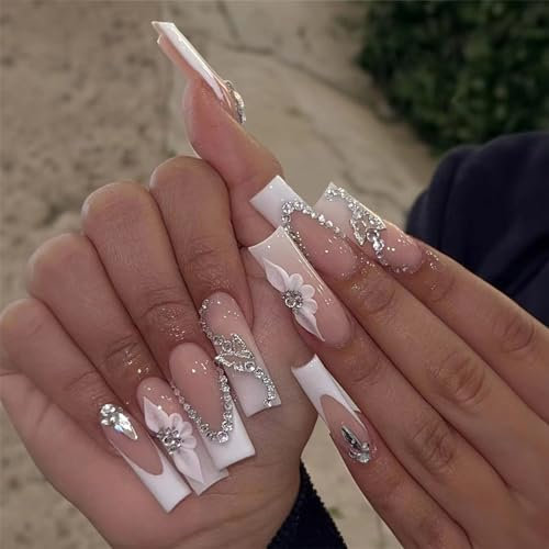 24pcs Long Square French White Tip Press on Nails - Nude Pink With Rhinestone Butterfly Flower - Removable Glue-on Full Cover Fake Nails for Women and Brides - Nail Art Accessories