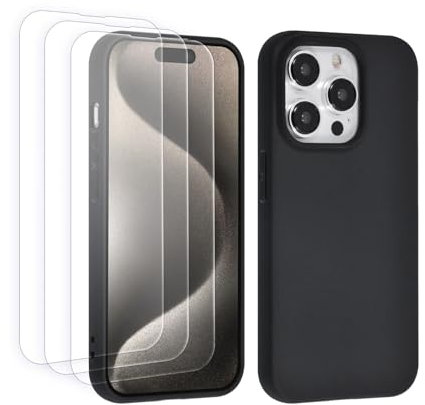 UNIQ Accessory 4 in one case and iPhone 15 Pro Max TPU Back 1 Cover and 3 Screenprotector - Transparent (Schwarz, iPhone 15 Pro Max)