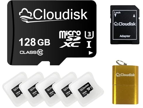 Cloudisk Lot de 5 cartes mémoire Micro SD 128 Go Micro SDXC C10 A2 U3 avec adaptateur SD et lecteur de carte