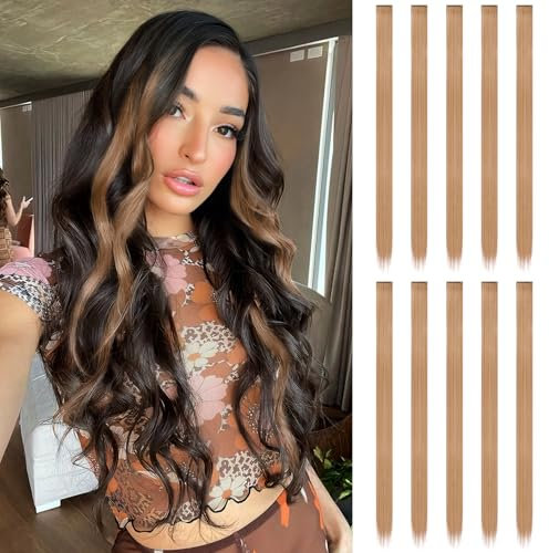 FESHFEN Farbige Haarverlängerung, 10 PCS Braun gemischt Blond Haarteil für Damen Synthetik Party Highlight Bunte Glatte Haarverlängerungen Clip in Haarteil für Frauen, 55cm